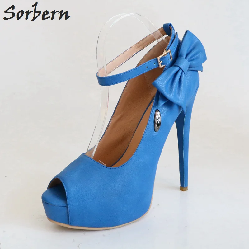 

Sorbern Blue Peep Toe Ankle Strap Women Pumps Bowknot Platform High Heels Summer Style Shoes Ladies Women Heels Stiletto Heels