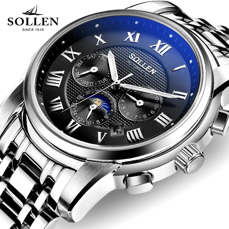 

zegarki meskie SOLLEN Men Watch multi-function automatic mechanical watches clock steel waterproof hollow male wristwatches gift