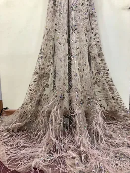 

Luxury feather embroidery tulle mesh lace fabric with sequins for bridal wedding dress