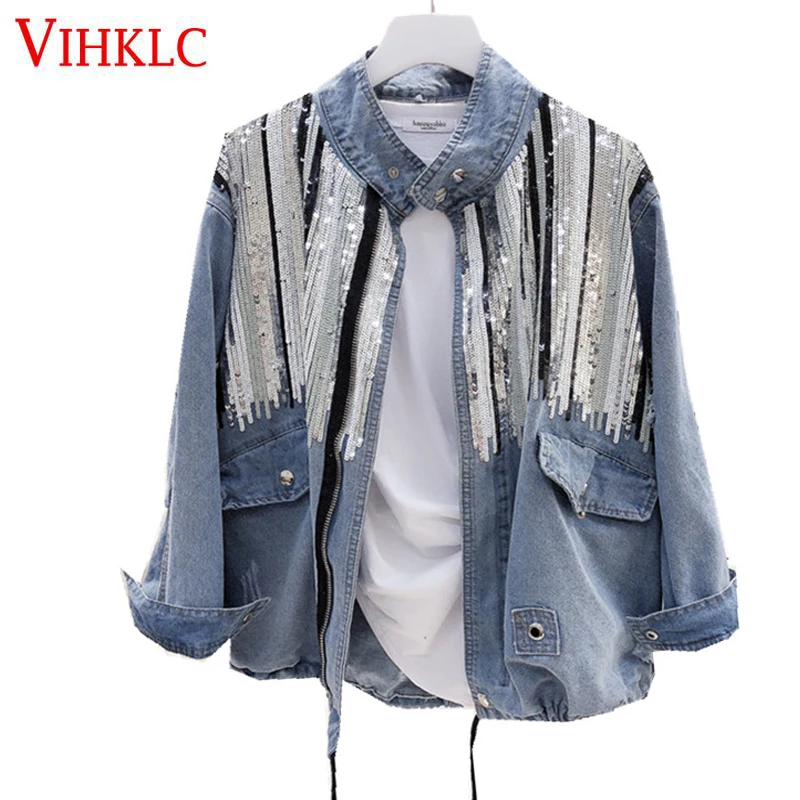 

Denim Jacket Female Spring Autumn 2018 New O Neck Cowboy Jackets Tide Sequins Long Sleeve Wild Hole Outerwear Fashion Women Z62