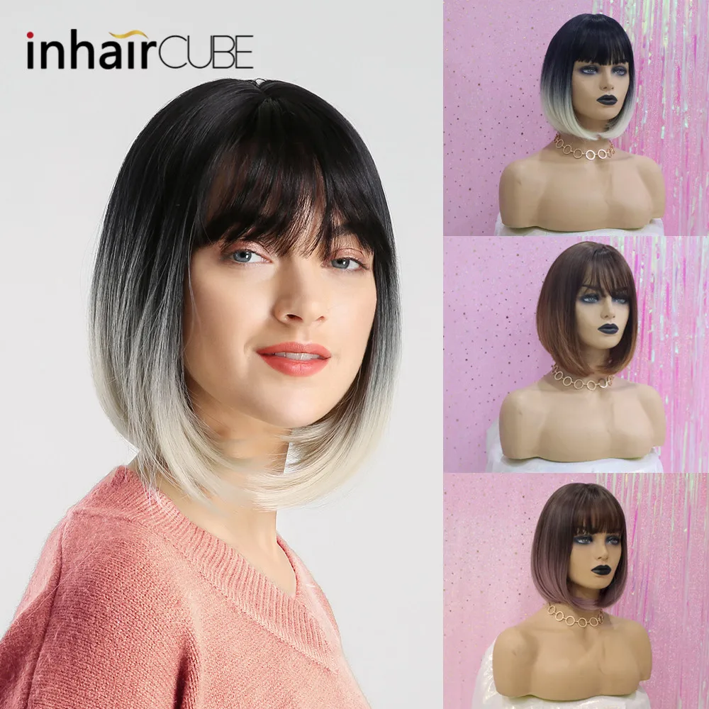 Peluca de pelo corto recto para mujer con flequillo plano sintético de 10 pulgadas Peluca de pelo corto recto para mujer con flequillo plano sintético de 10 pulgadas