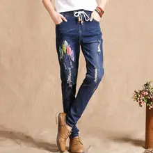 2017 summer new fashion brand embroidery printed cotton pencil jeans women was thin elastic jeans female wj560 free send
