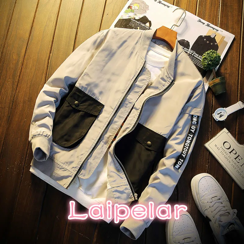 

Куртка мужская приталенная, повседневная Бомбер с большими карманами спереди, дизайнерская ветровка с воротником-стойкой, весна