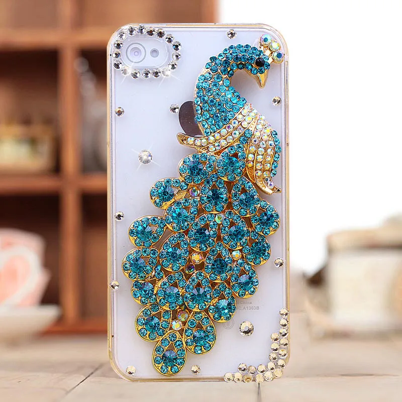 free shipping 2014 new Manually set auger Rhinestone phone Case Coloured fashion peacock style |