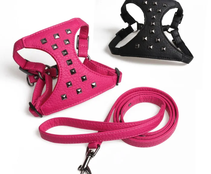 

Free shipping Leather Dog Harness Rivets Collar and Leash Set For small Medium dog