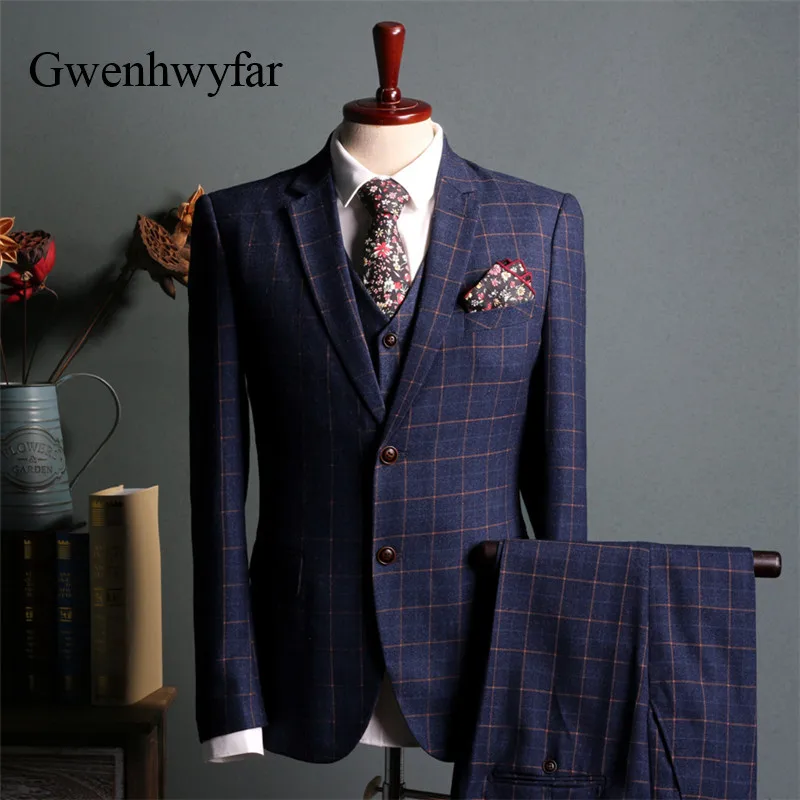

Gwenhwyfar Men Suits 2018 Blue Plaid Slim Fit (Jacket+Vest+Pants) Set Modern Latest Coat Pants Designs Solid Color Groom Tuxedo