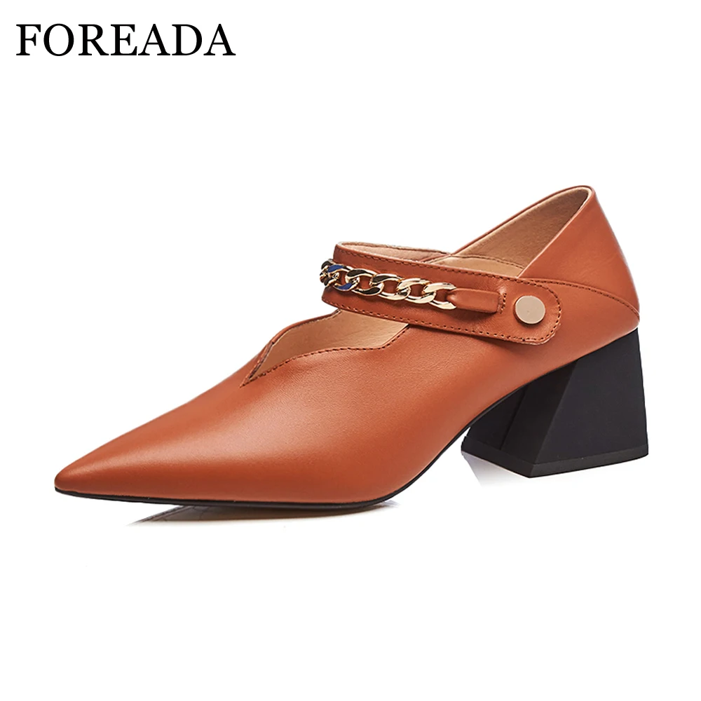 

FOREADA Genuine Leather Shoes Women Thick High Heels Slip Shoes Pumps Chains Glove Shoes Spring 2018 Pointed Toe Big Size 42 43