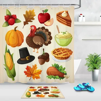 

LB Colorful Cartoon Icons for Thanksgiving Day Shower Curtain with Mat Set Luxury Waterproof Bathroom Fabric For Bathtub Decor