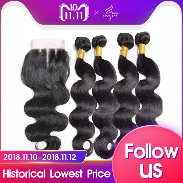 Best Price Body Wave 4 Bundles With Closure Brazilian Hair Weave Modern Show Non Remy Hair Extensions Human Hair Bundles With Closure 