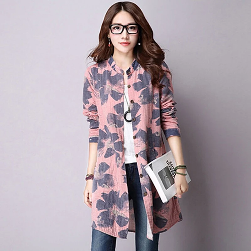 

Long Sleeve Floral Print Blouses Vintage Women Summer Linen Kimono Cardigan Loose Boho Blusa Shirts