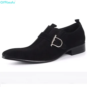 

QYFCIOUFU Brand 100% Genuine Leather Buckle Slip On Men's Suede Dress Shoes Business Shoes High Quality Italian Pointy Shoes