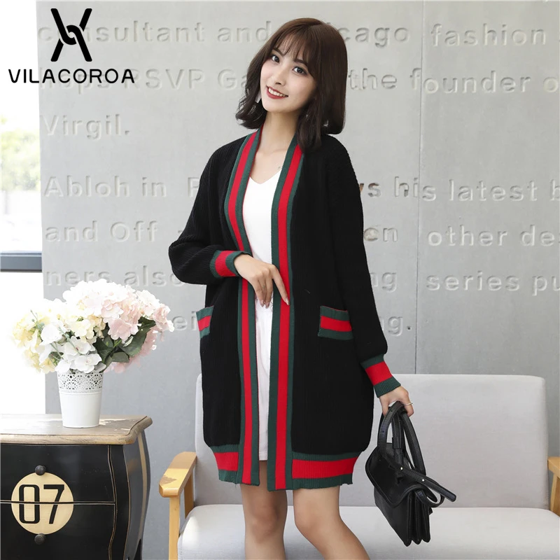 جديد النساء سترة معطف الخريف الشتاء كم طويل التباين مخطط سترة محبوك عارضة فضفاض جيب سترة manteau فام hiver جديد النساء سترة معطف الخريف الشتاء كم طويل التباين مخطط سترة محبوك عارضة فضفاض جيب سترة manteau فام hiver