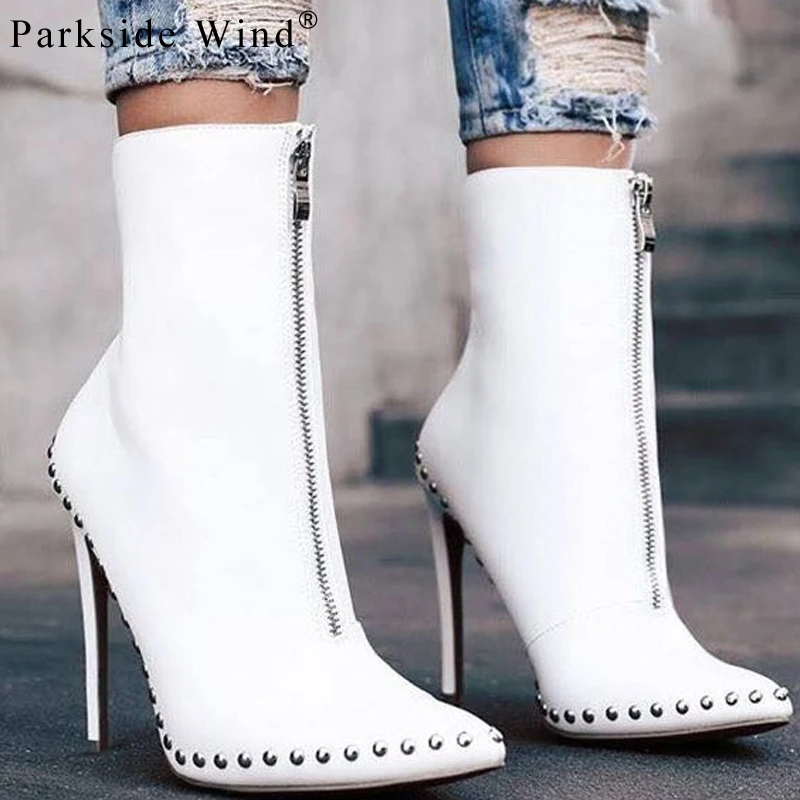 

Parkside Wind PU Leather Women Boots Super High Metal Decoration Rivet Pointed Toe Ankle Boots Solid Fashion Ladies Shoes -45