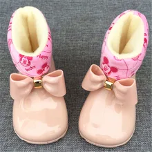 Водонепроницаемые детские резиновые сапоги, Желейная мягкая обувь для младенцев, зимние теплые детские меховые непромокаемые сапоги с бантом для девочек, детская непромокаемая обувь, теплая