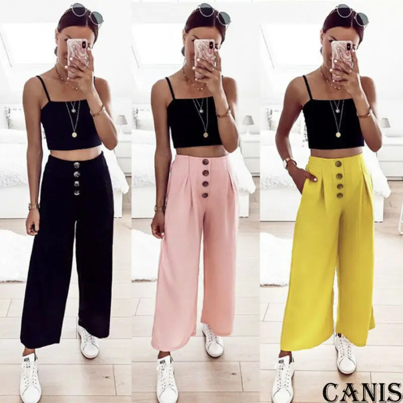 

Women's Summer Polyester Button Flat Wide Leg Flared Pants High Waist Casual and Loose Solid Ultrathin Palazzo Trousers