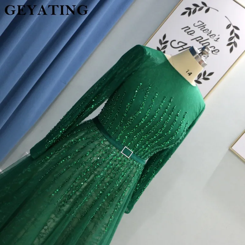 Винтажное кружевное зеленое дубайское вечернее платье элегантное с длинным рукавом арабское мусульманское выпускное платье с бисером и кристаллами Формальное вечернее платье