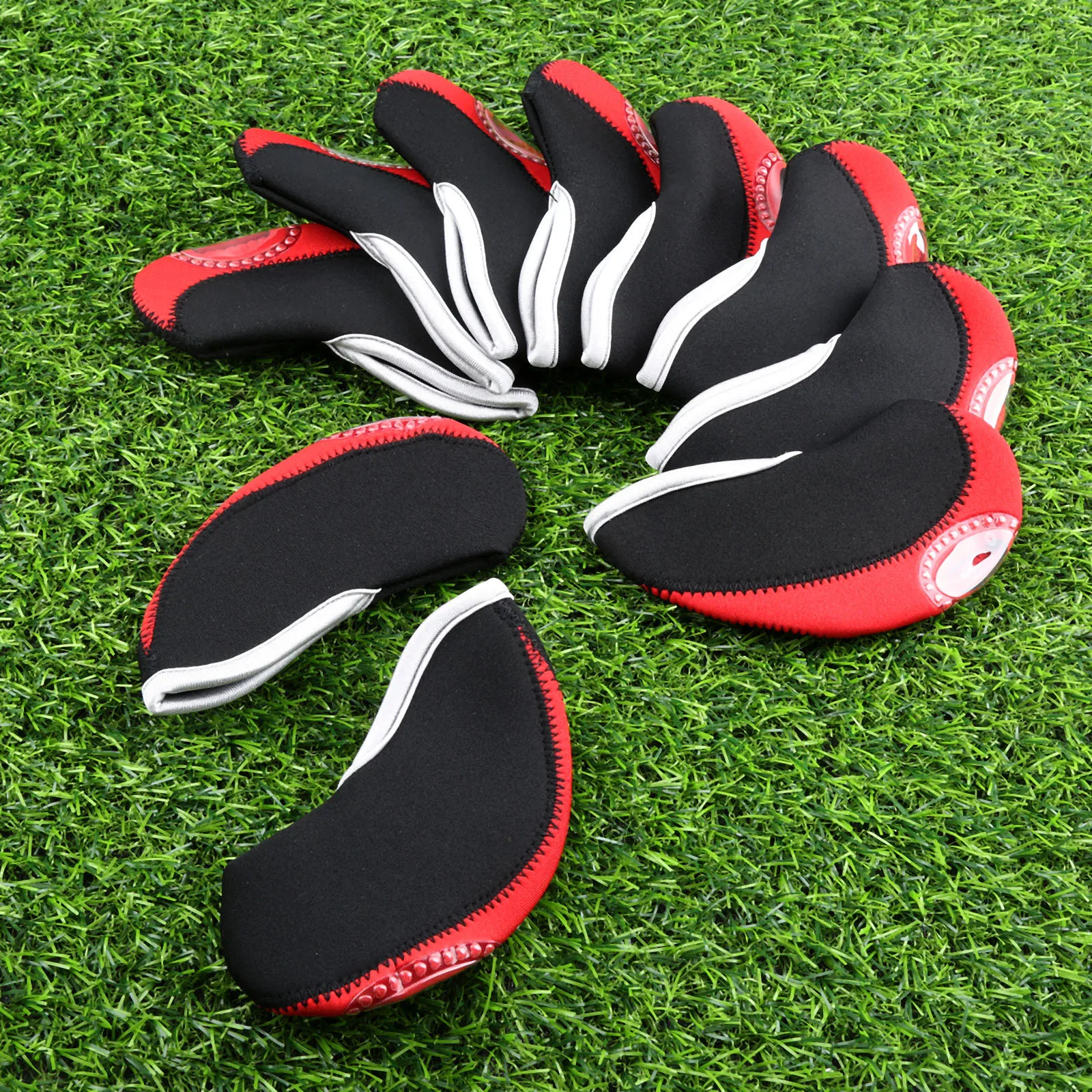 10 قطع الأحمر النيوبرين نادي الغولف رئيس اغلفة إسفين الحديد headcovers نادي الغولف غطاء الرأس مع نافذة شفافة تصميم واقية