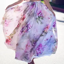 Плиссированная Длинная женская юбка эластичный праздник трапециевидной формы шоппинг пляжный костюм с цветочным рисунком All-high waist party girl