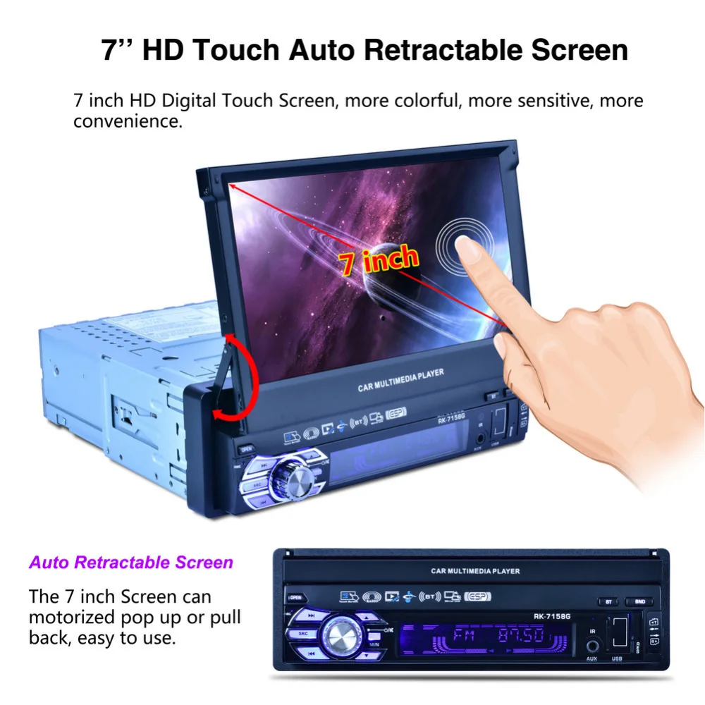 Clearance RK-7158G 1 Din Retractable Screen Car Radio Media Multimedia Player GPS Navigation Vehicle-Mounted MP5/MP4/MP3 Automatic Screen 10