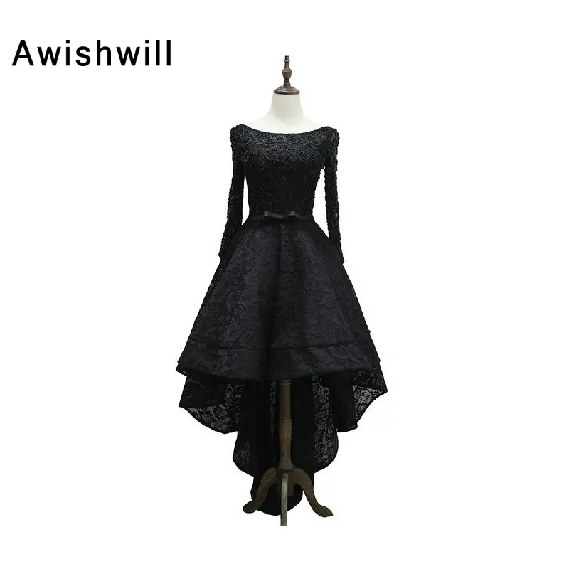 New Arrival Short Front Long Back Black Long Formal Evening Dress Lace With Sleeves Elegant Gown