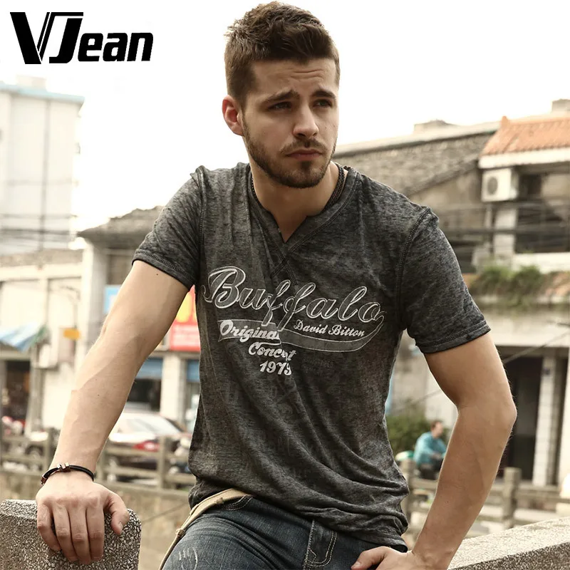 V JEAN font b Men s b font Old Fashioned Graphic Notch Neck T font b