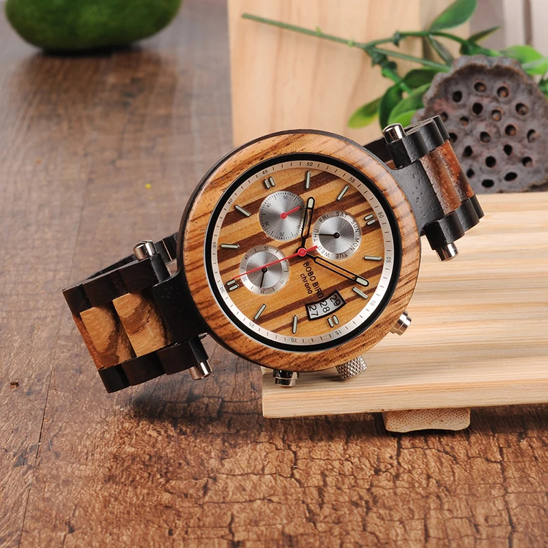 BOBO BIRD wooden Watches men Quartz wrist watch Stopwatch Gift for male Friend in wood box saat erkek clock