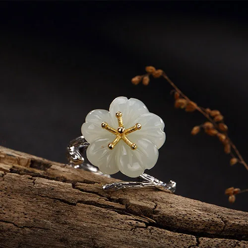 

Real 925 Sterling Silver white jade Rings Plum Blossom Flower plant Adjustable Ring Ladies Artistic natural stone Jewelry Gift
