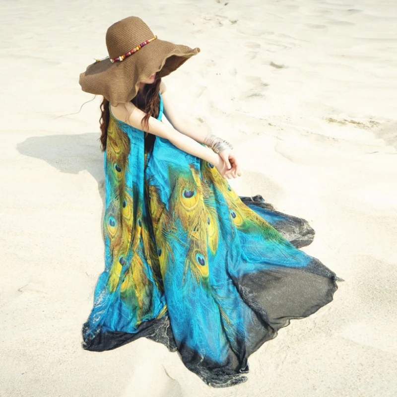 

Summer Women Maxi Dress Boho Long Peacock Beach Chiffon Dress M L XL XXL Women Sun-proof Dress Embroidery Hollow Out Dress Y3