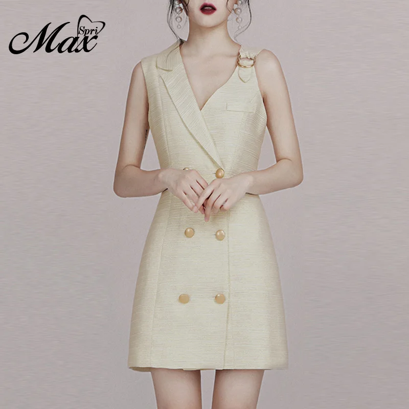 Max Spri Новое сексуальное двубортное мини-платье без рукавов с зубчатым воротником, повседневная одежда, женское модное торжественное платье