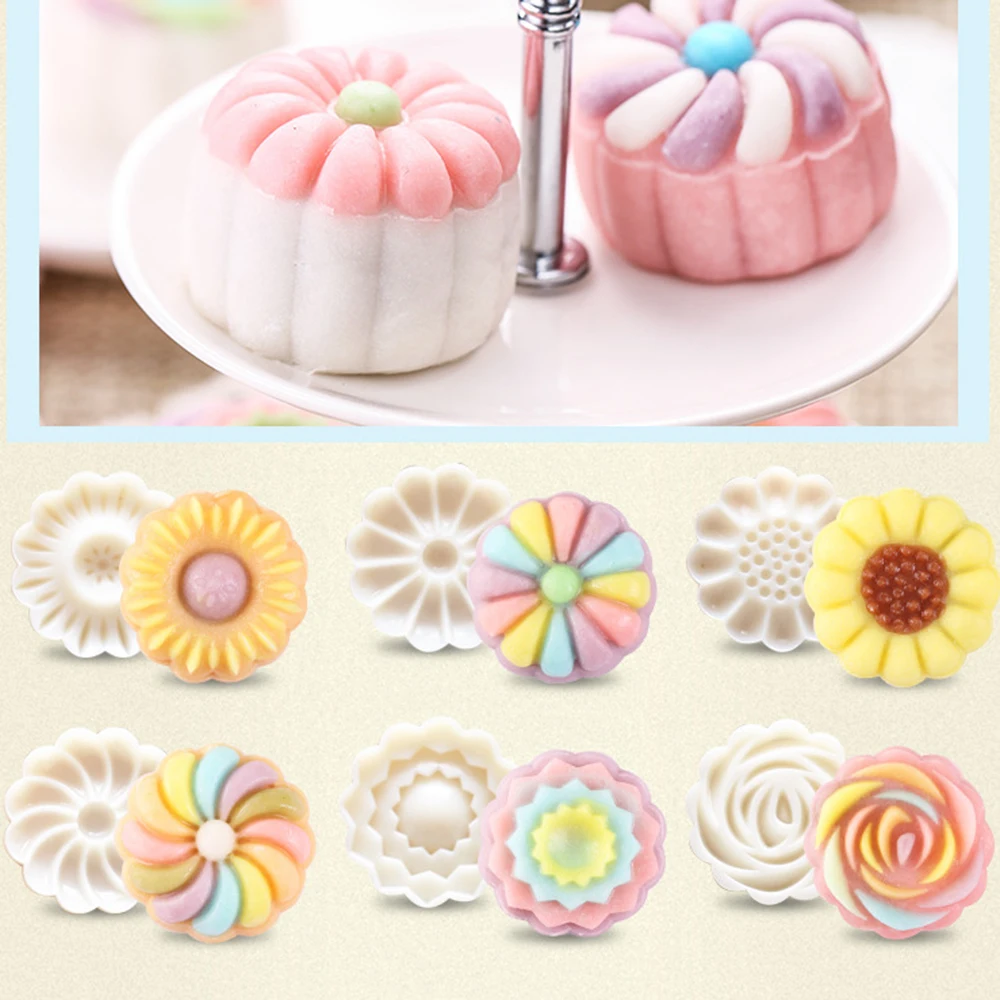 

6 pcs Round Flower Mooncake Mold Hand Pressure Fondant Moon Cake DecorTools Cookie Cutter Pastry Baking Tool Mid-Autumn Festival