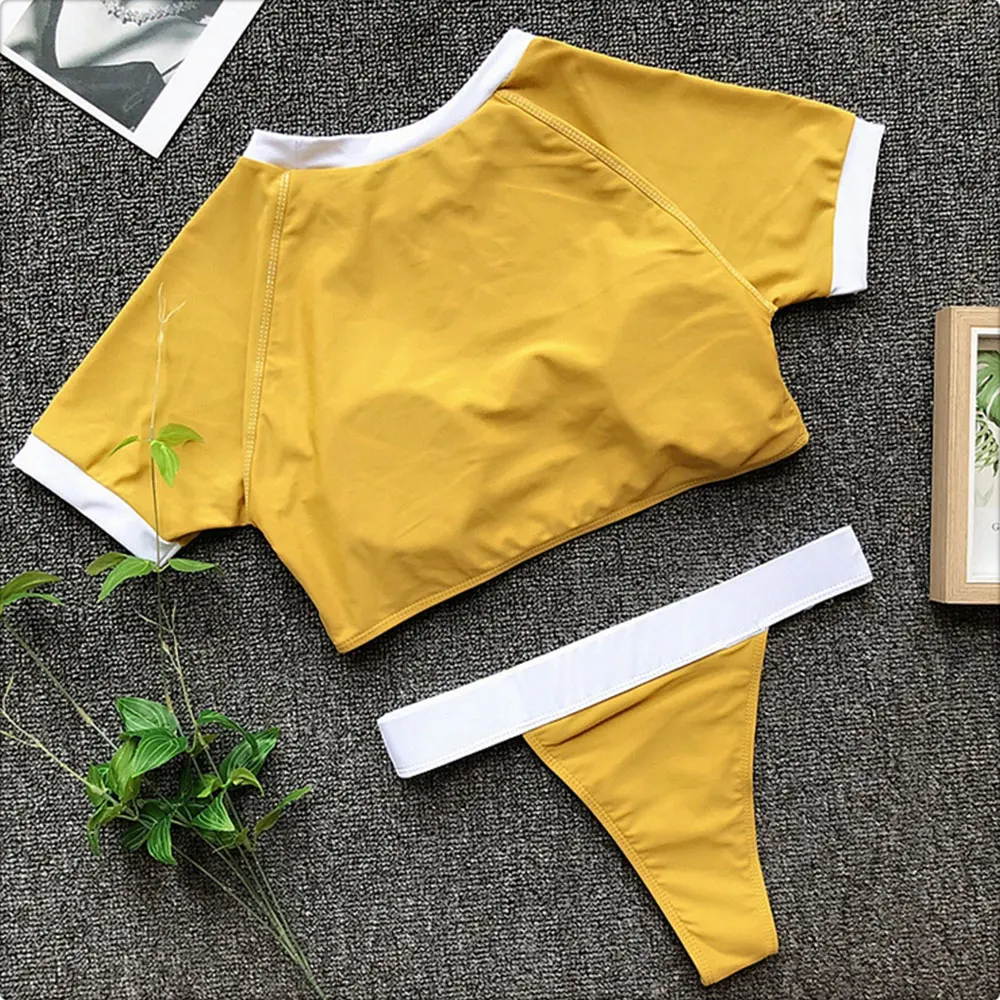 Belleziva Sexy High Waist Swimwear Women T-Shirt Style Sport Swimsuit 2pcs Beachwear Female High Neck Bathing Suit Thong Bathers HTB1UcXgaoLrK1Rjy1zbq6AenFXaJ - Belleziva Sexy High Waist Swimwear Women T-Shirt Style Sport Swimsuit 2pcs Beachwear Female High Neck Bathing Suit Thong Bathers