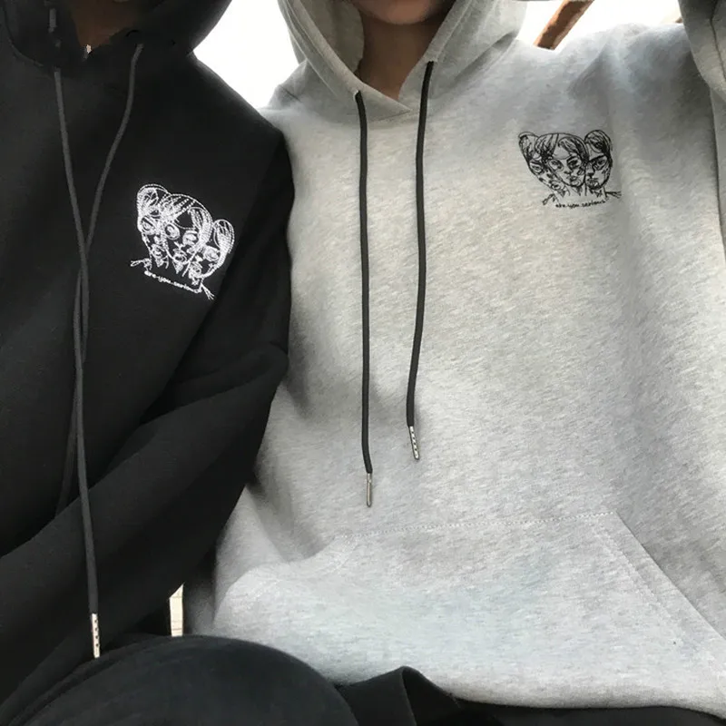 Lychee Girls Head Embroidery Hooded Fleece Sweatshirt Long Sleeve Pocket Hoodies Autumn Winter Casu