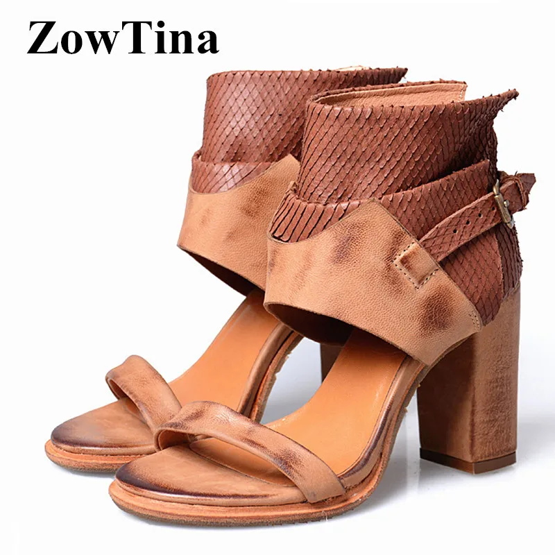

Light Brown Women Real Leather Sandals Gladiator Ankle Strap Ankle Boots Spring Design Chunky High Heels Ladies Shoes Pumps