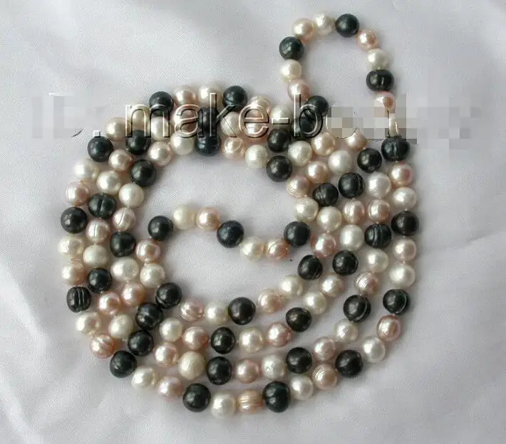 

Free shipping hot sale Women Bridal Wedding Jewelry >> stunning long 45" big 9mm round white black pinkfreshwater pearl necklace