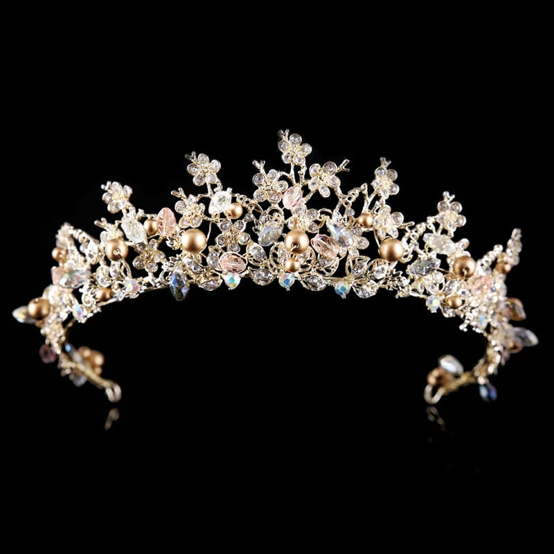 

Big Vintage Pearl Rhinestone Quinceanera Crown Red Green Black Crystal Wedding Pageant Tiara For Bride Hair Accessories