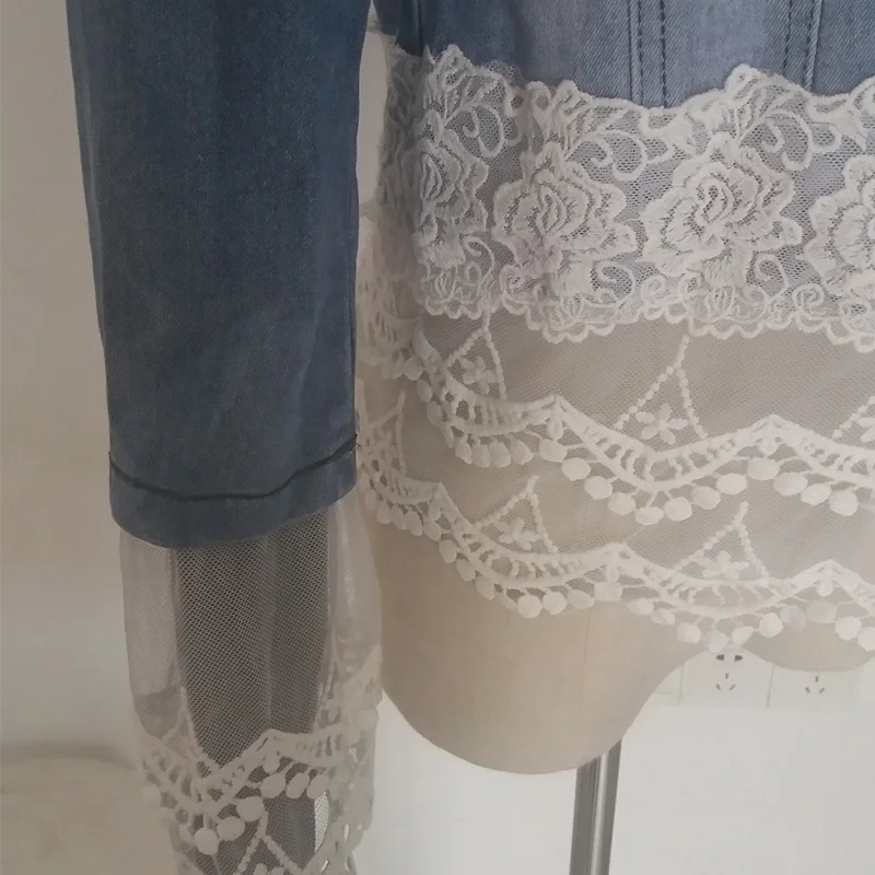 N.XINZHE Elegant floral lace denim jacket coat women Casual short basic jacket Beading Patchwork Slim jean jackets Plus size 3XL