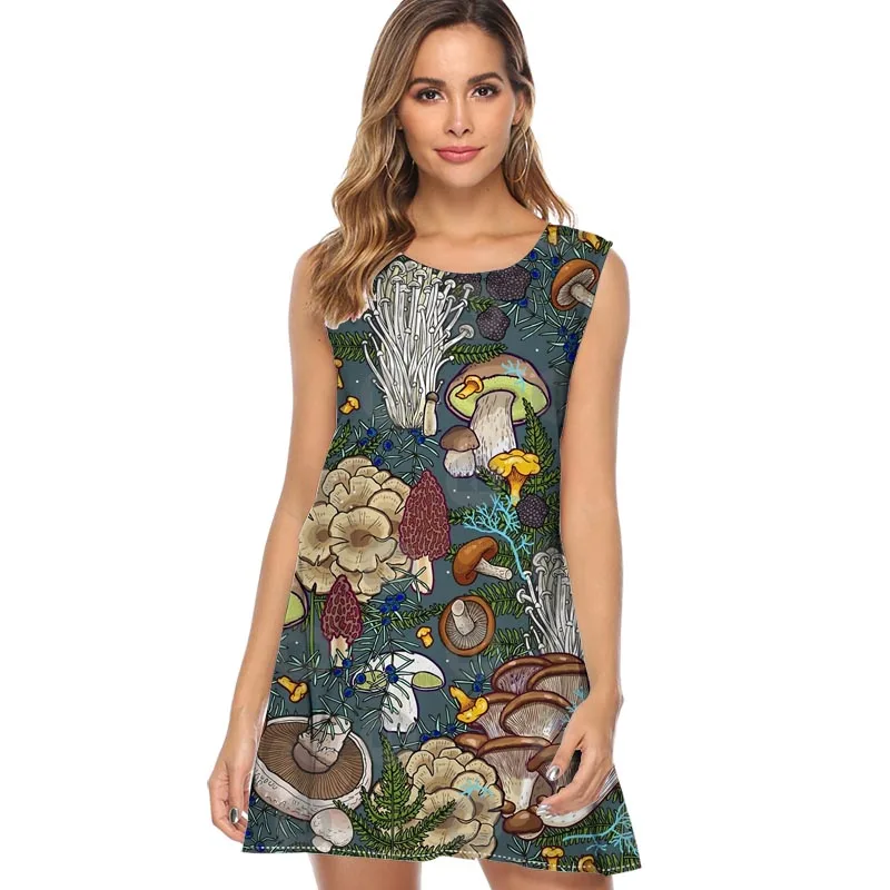 

Mushroom forest Chiffon Dress 2019 New Style Lady Short Dress Sleeveless Summer Dress Casual Print Women Dresses