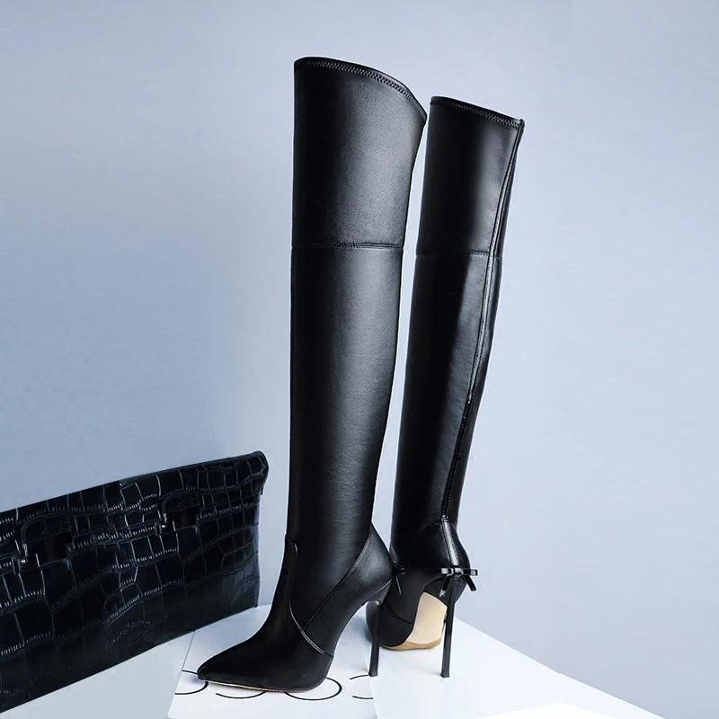 Alto Rodilla Back Sobre Cuero Slip Tacón Botas Knight Estiramiento Moda Hoja Sexy La 10cm 12cm Arco Delgado Negro Talón On Sfq0SPx