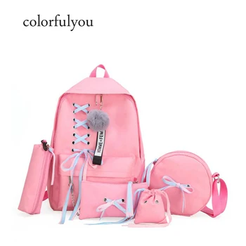 

5pcs/set Canvas School bags Set for Girls Female Backpack Ribbons Bow Schoolbags Feminine Book Bag Teenager backpack 2019 new
