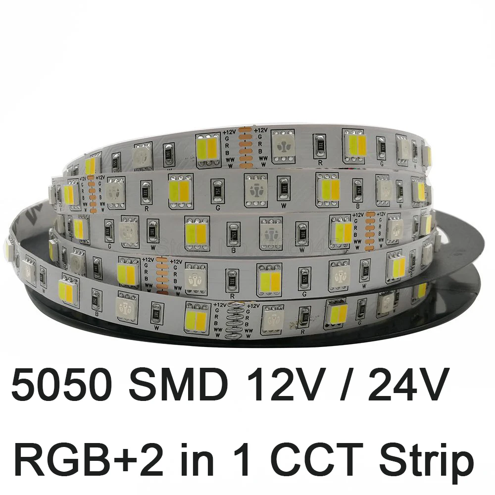 

5M 5050 LED Strip RGB+CCT String RGB+CW+WW 2 in 1 Chip Color Temperature Adjustable LED Tape IP20 / IP65 Waterproof 12V 24V