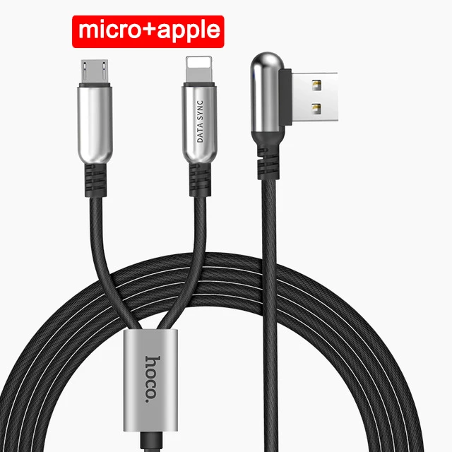 НОСО 3 в 1 Цинковый Сплав 90 градусов 2 в 1 USB Кабель для Зарядки для Apple iPhone Lightning Зарядное устройство Micro-USB Type-C для Samsung Xiaomi Тройник Двойной Провод Тройной Шнур для Айфона Айпада Самсунга Сяоми - Цвет: 2 in 1 black