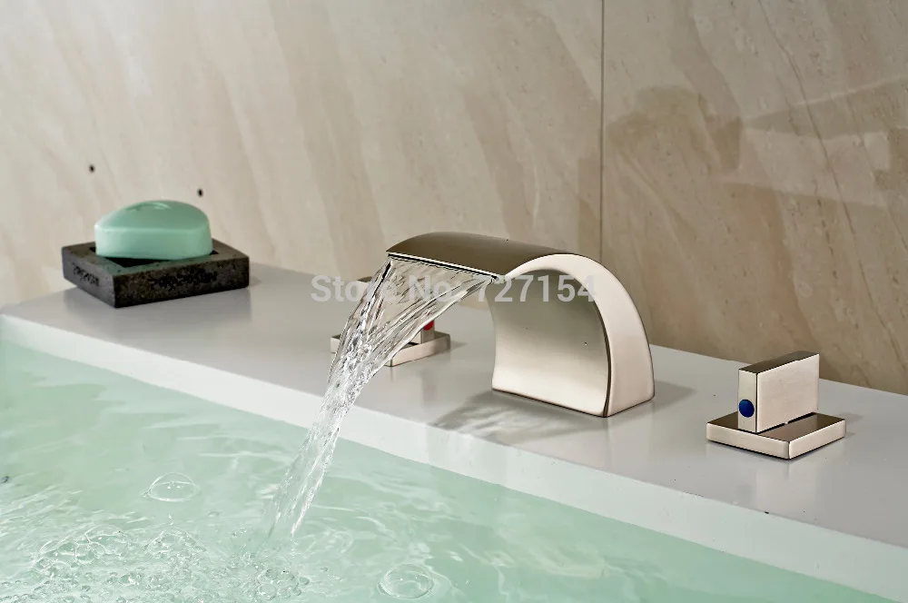 

Free Shipping! Double Handles Deck Mounted Basin Faucet Waterfall Spout Sink Mixer Nickel Brush