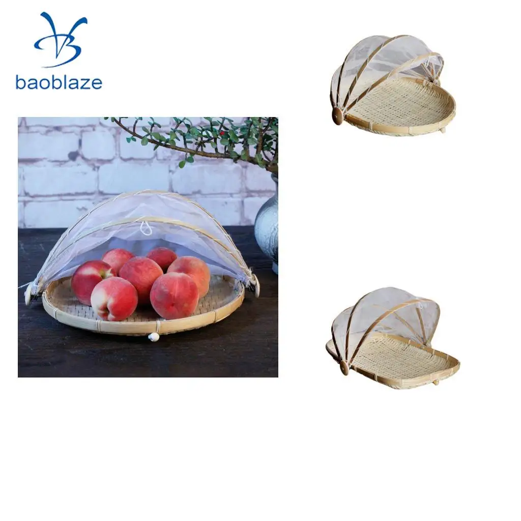 

2x Bamboo Tent Basket Serving Food Outdoor Picnic Pop Up Mesh Net Cover L