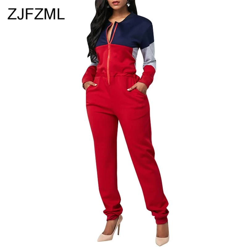 Contrast Color Casual Rompers Womens Jumpsuit Women Long Sleeve Front Zipper One Piece Overall Winter Pockets Plus Size Bodysuit