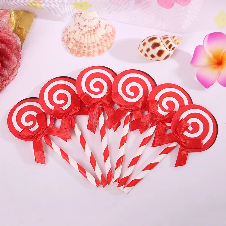 

6pcs Red Lollipop Colored Cupcake Cake Topper Paper With Straw Inserted Card Flags Lovely Gift Decoration Wedding Birthday Party