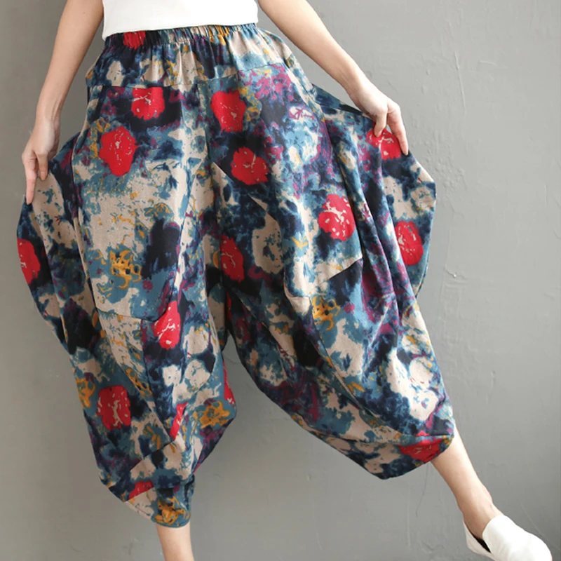 Johnature Женские винтажные штаны новые летние женские хлопковые льняные штаны с эластичной талией удобные штаны-шаровары с цветочным принтом и геометрическим рисунком - Цвет: Style 1