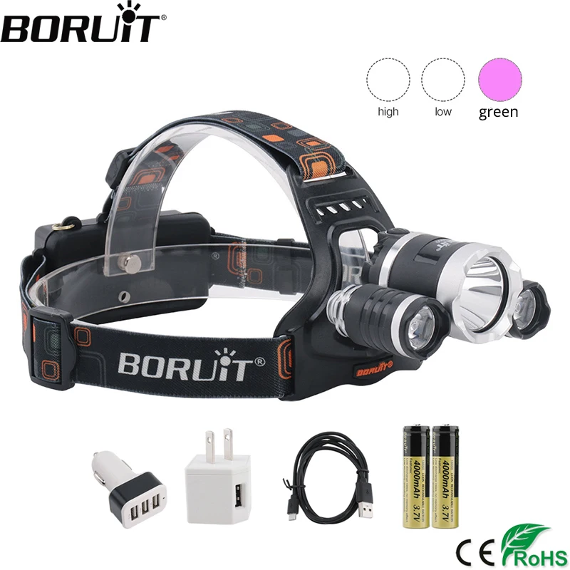 BORUiT T6 XPE 390nm УФ светодиодный налобный фонарь 1000ЛМ 3 режима мощный для кемпинга и