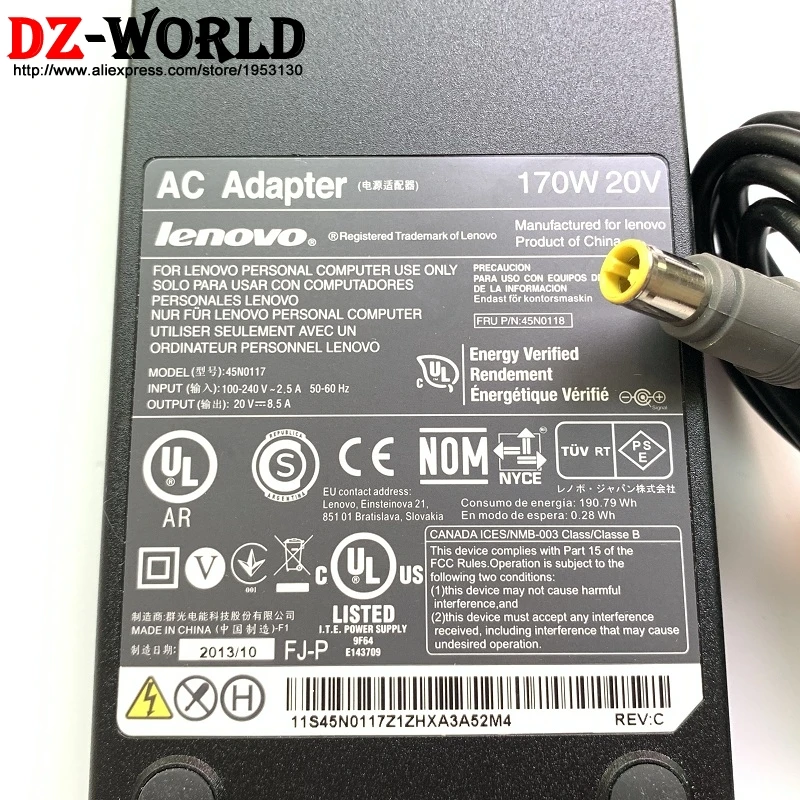 20 V 8.5A 170 Вт адаптер переменного тока зарядное устройство для ноутбука Питание для lenovo ThinkPad W520 W530 Американская классификация проводов 2р 45N0117 45N0114
