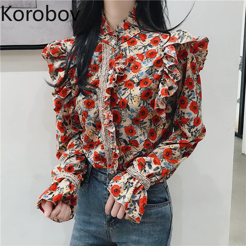 

Korobov Korean Vintage Flower Print Women Shirts Lace Ruffles Patchwork Stand Collar Shirt Flare Long Sleeve Mujer Blusas 77456