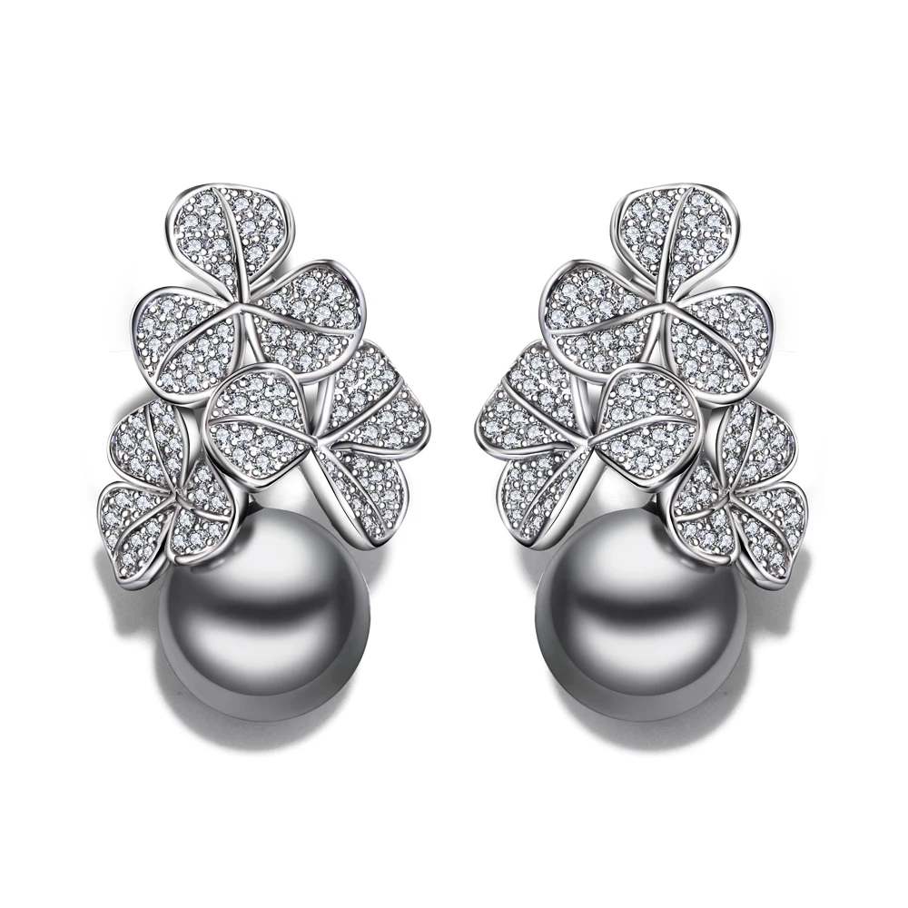 

New arrivals Sweet Earrings for women rhodium plated with CZ & grey Imitation pearl stud Earring fashion jewelry Free shipping